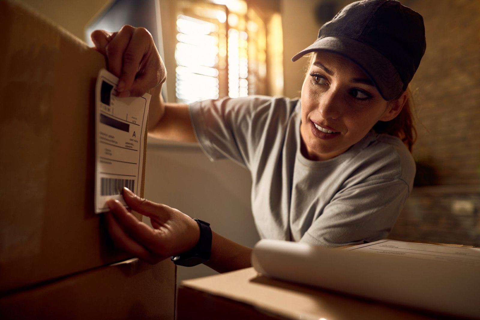 Young delivery woman preparing packages for shipment and attaching data label on carboard box in the office.